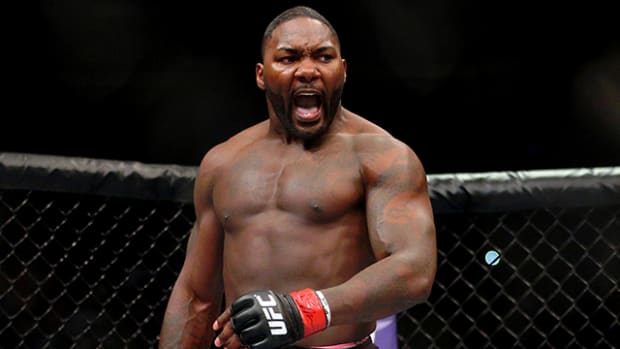 Jan 30, 2016; Newark, NJ, USA; Anthony Johnson (black trunks) reacts after defeating Ryan Bader (not pictured) during UFC on Fox 18 at Prudential Center. Mandatory Credit: Brad Penner-USA TODAY Sports