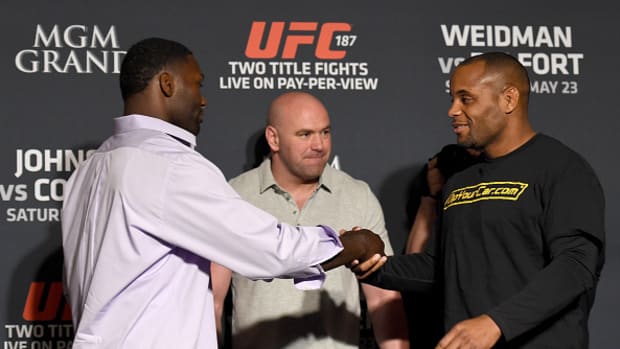 LAS VEGAS, NEVADA - MAY 21: (L-R) Anthony Johnson and Daniel Cormier face off during the UFC 187 Ultimate Media Day at the MGM Grand Hotel/Casino on May 21, 2015 in Las Vegas Nevada. (Photo by Brandon Magnus/Zuffa LLC/Zuffa LLC via Getty Images)
