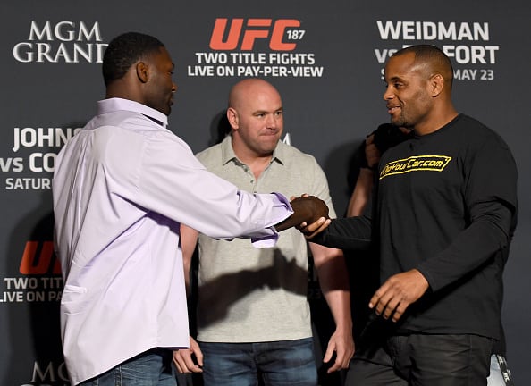 LAS VEGAS, NEVADA - MAY 21: (L-R) Anthony Johnson and Daniel Cormier face off during the UFC 187 Ultimate Media Day at the MGM Grand Hotel/Casino on May 21, 2015 in Las Vegas Nevada. (Photo by Brandon Magnus/Zuffa LLC/Zuffa LLC via Getty Images)