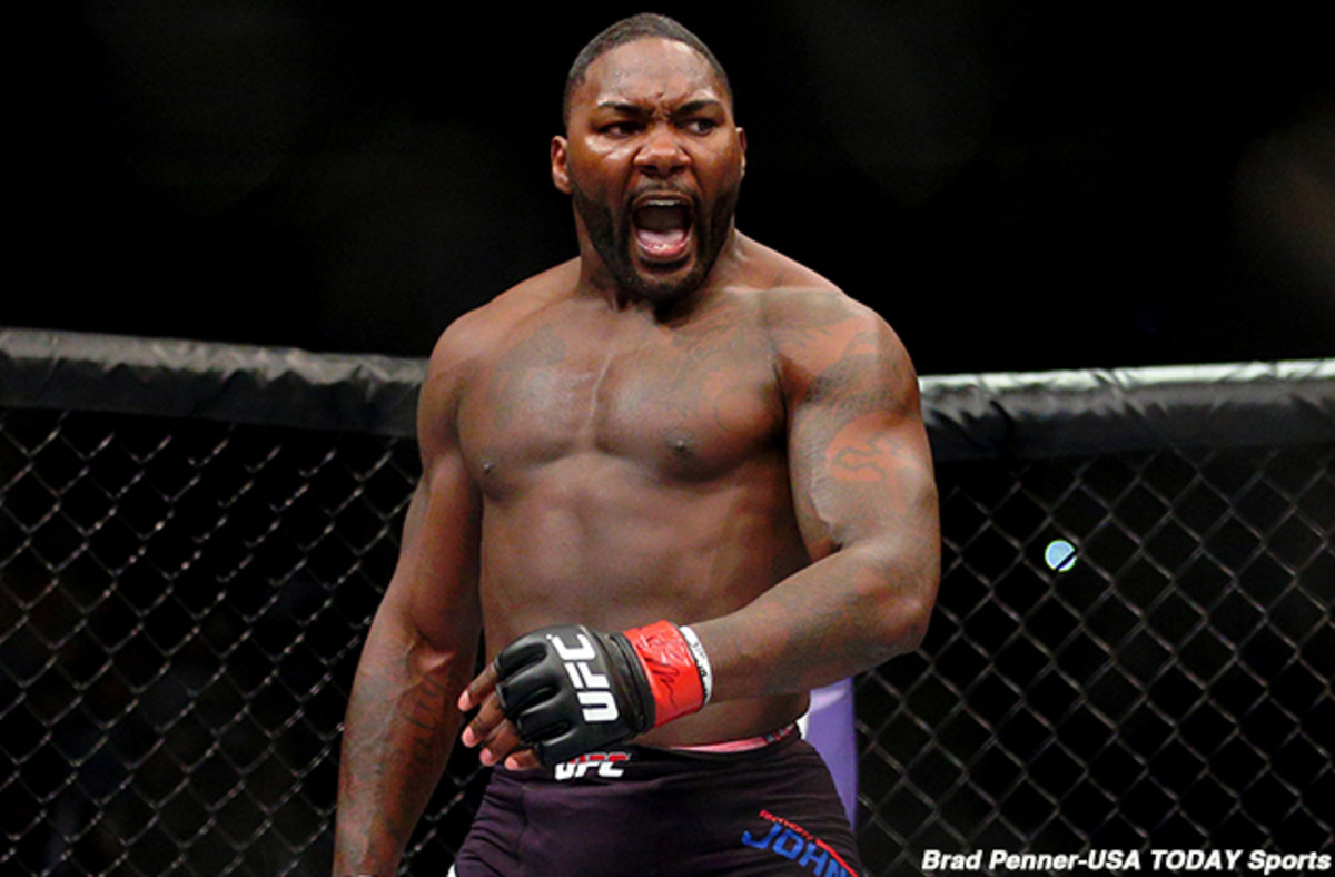Jan 30, 2016; Newark, NJ, USA; Anthony Johnson (black trunks) reacts after defeating Ryan Bader (not pictured) during UFC on Fox 18 at Prudential Center. Mandatory Credit: Brad Penner-USA TODAY Sports
